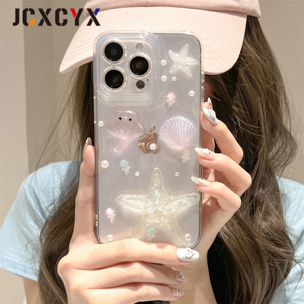 Korean Cute Laser Jellyfish Starfish Shell Clear Phone Case For iPhone 15 14 13 12 11 Pro Max 14 15 Plus Animals Bumper Cover