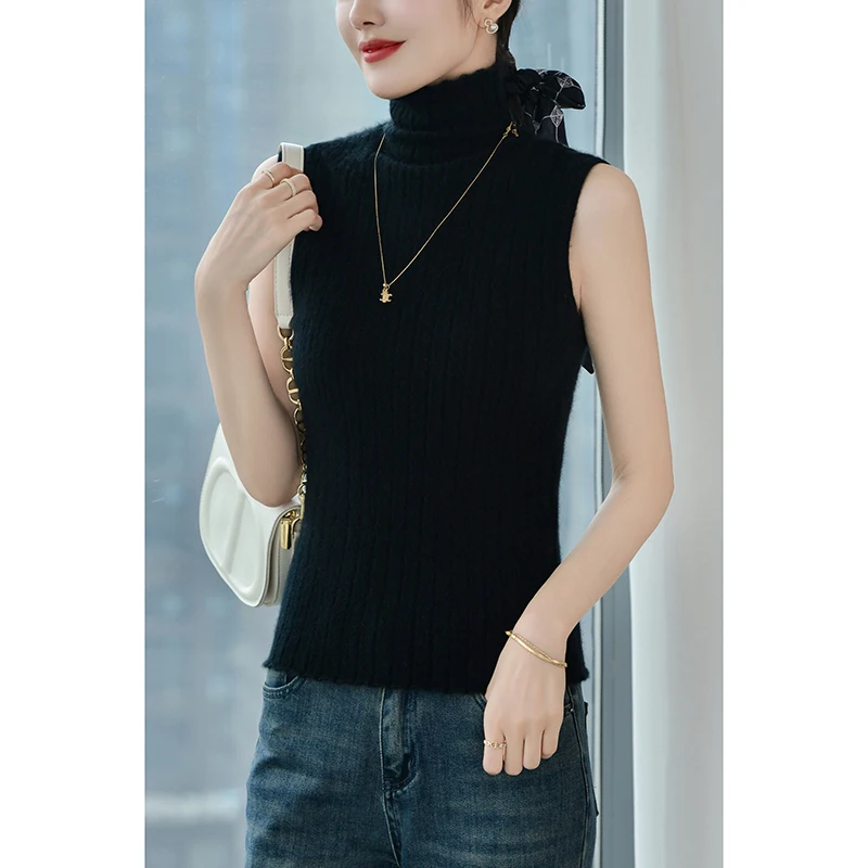 100% Cashmere Sleeveless Elasticity-bust Half High Collar Knit Autumn Winter Indoor Slim Sexy Women Pullover Ladies Sweater 2024