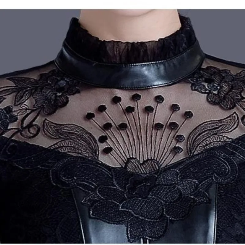 2023 Autumn and Winter Women\'s Half High Neckline Lace Button Splice Slim Fit Fashion Casual Elegant Commuter Long Sleeve Tops