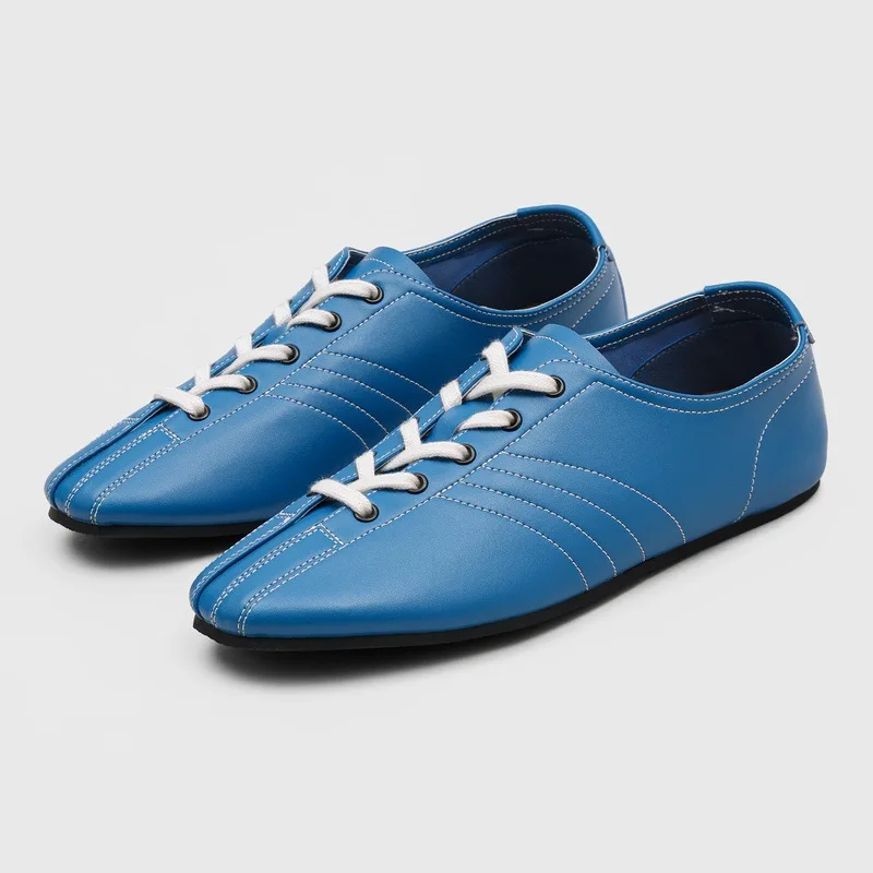 

Fashion Blue Lace Up Flat Men's Shoes Retro Stripe Design Soft Leather Comfortable Daily Walking Shoes 2026 Casual Sneakers Men