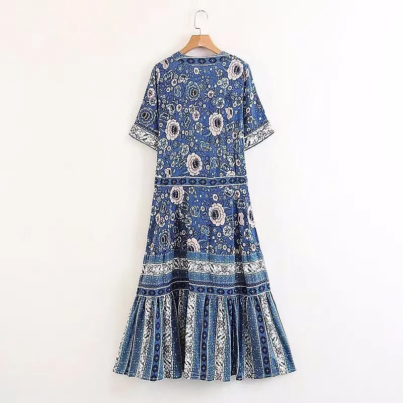 فستان نسائي صيفي قصير الأكمام للعطلات فستان كاجوال لقضاء عطلة الشاطئ فستان نسائي فضفاض مناسب بطبعة زهور فستان بوهو ميدي #2