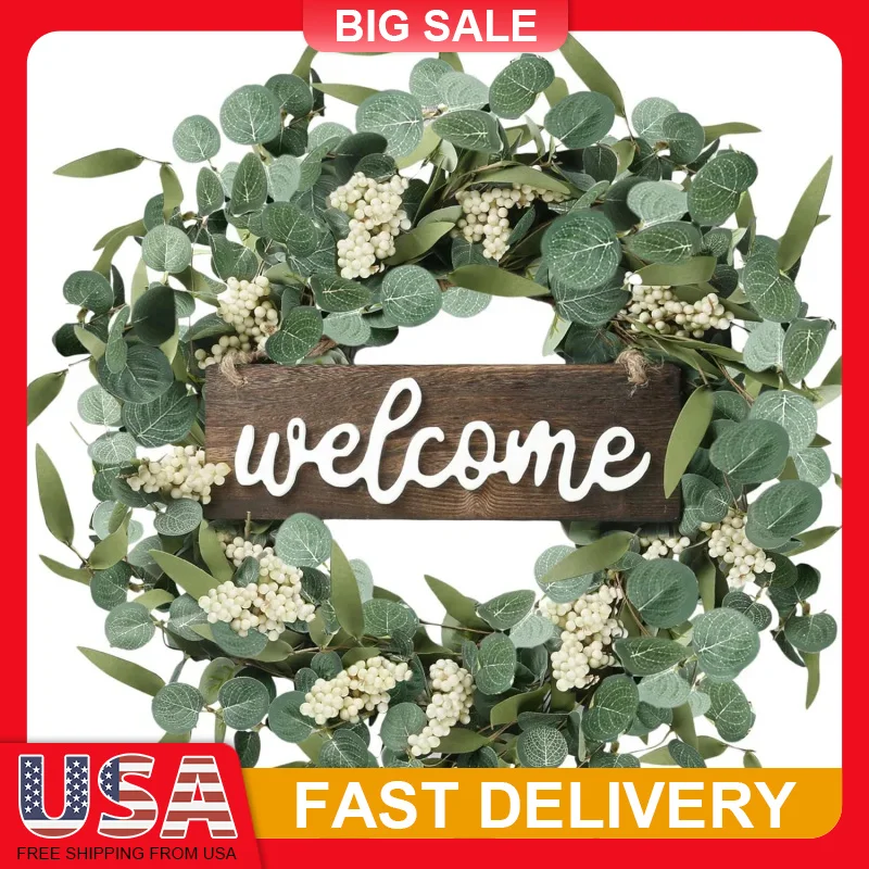 

20 Inch Green Eucalyptus Wreath with Welcome Sign for Front Door Wall Window Farmhouse Porch All Season Home Decor