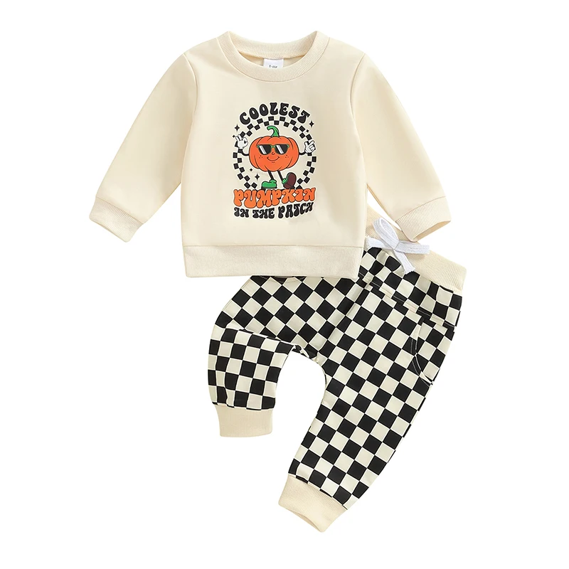 Toddler Baby Boy Halloween Outfit Coolest Pumpkin In The Patch Sweatshirt Plaid Pants Set 2Pcs Halloween Clothes