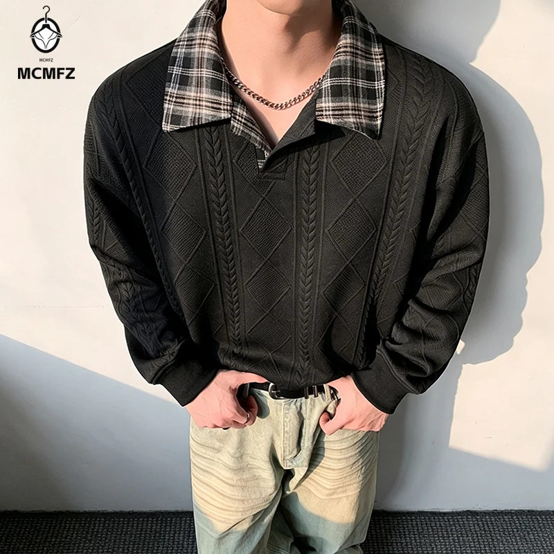 Mens Casual Loose Long Sleeve Pullover Top Plaid Lapel Collar Diamond Jacquard Pattern Soft Fabric Daily Wear