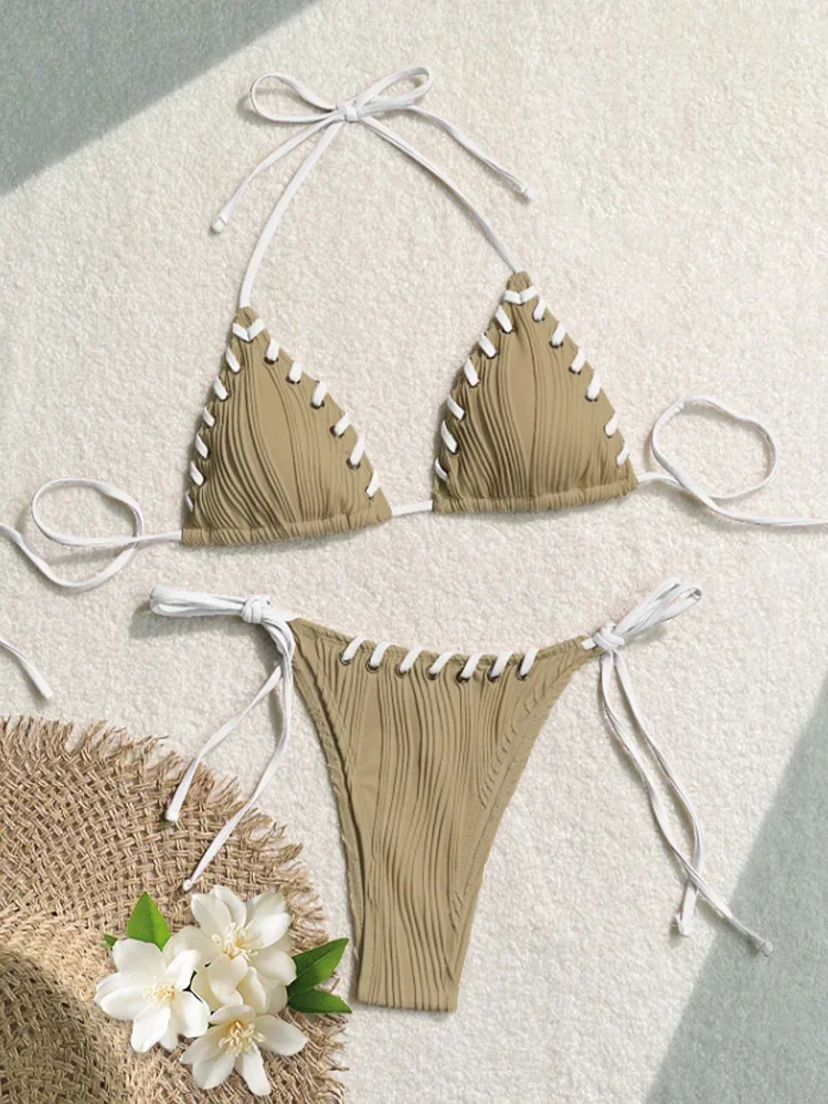 UETEEY 2025 Nuovo Costume da Bagno Estivo Bikini Set Solido Sexy Allacciato Backless Bikini 2 Pezzi Set Donne Split Beach Vacation Bikini