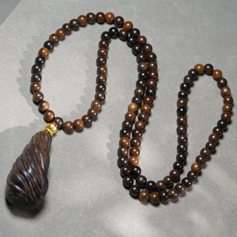 Aquilaria Agallocha 108 Beads Mala Necklace With Free Form Pendant Cultural Play Wooden String Jewelry Festival Gift