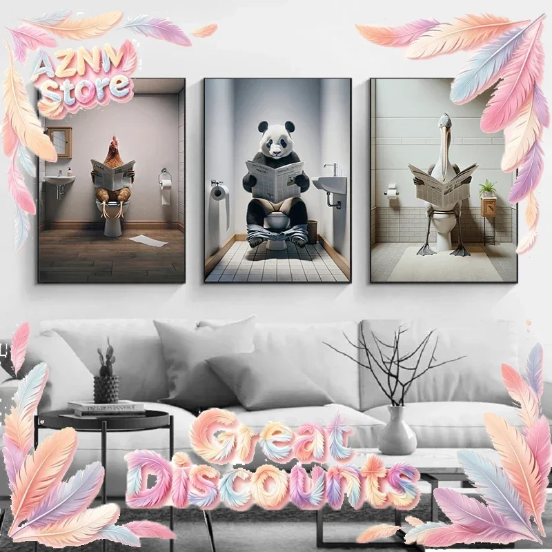 2026Flamingo Kangaroo Reading Newspapers on The Toilet Posters Canvas Painting Animals Wall Art Picture Bathroom Home Dec