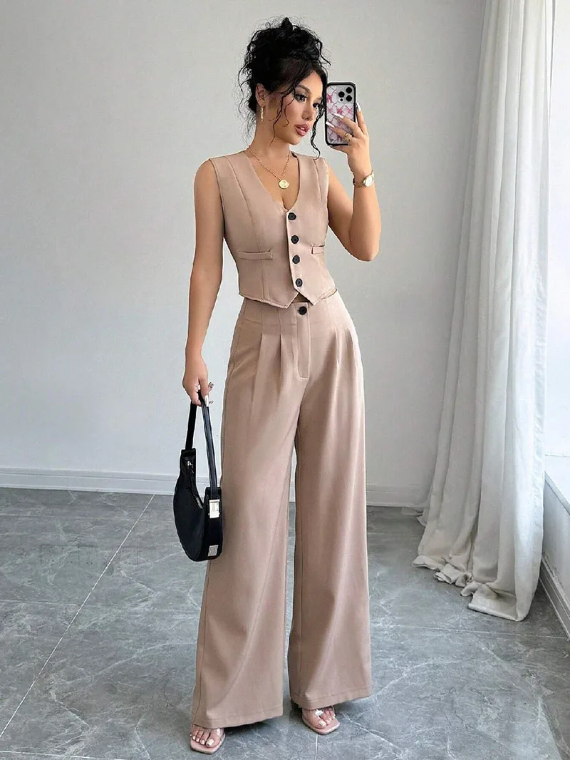 woman pants set European American Fashion Small Fragrant Vest Pants Set V-neck Tank Top High Waist Wide Set Street women's suit