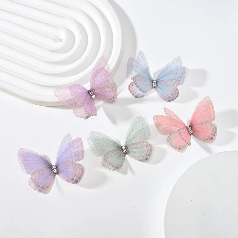 5cm Double Sweet Butterfly Appliqued 3D Simulation Mesh Dreamy Explosion Bouquet Patch For DIY Handmade Hairband Nail Decoration