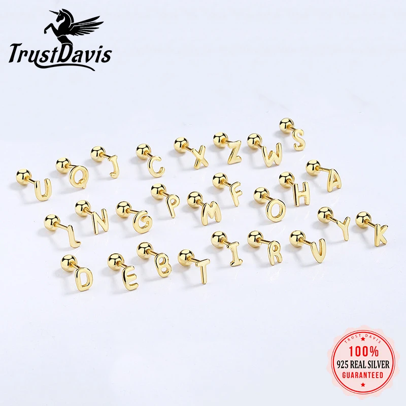 TrustDavis Real 925 Sterling Silver 26 Letter Screw Beads Stud Earring For Women Children Baby Minimalist Fine Jewelry DA2867