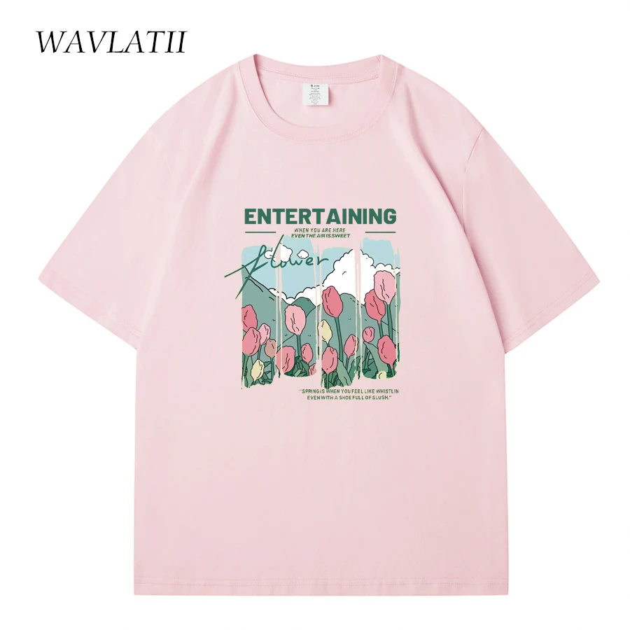 WAVLATII 女性新コミック花プリント Tシャツ女性ベージュストリート夏 Tシャツレディカジュアル半袖トップス WT2329