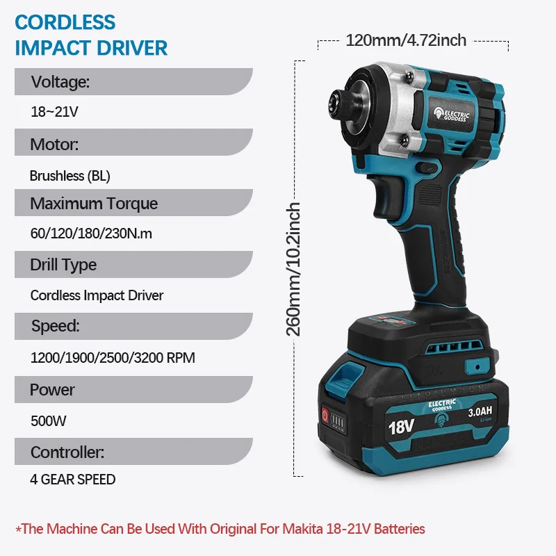 EG 3200RPM Brushless Electric Battery Screwdriver 4Gears Rechargeabl Cordless Industrial lmpact Driver Power Tool for Makita 18V