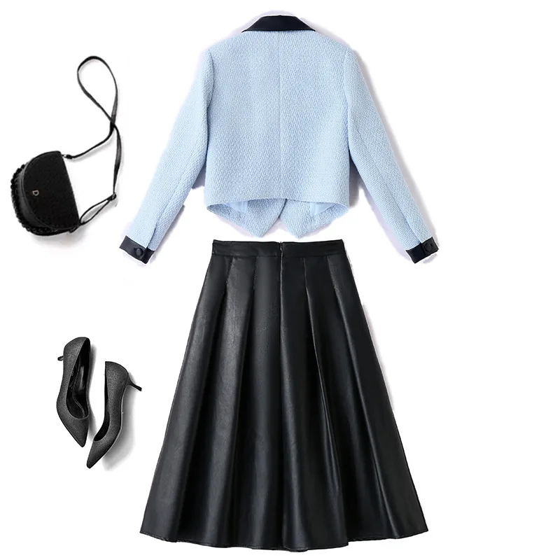 レディースカラーブロックツーピースラペルジャケット+PUレザースカート 2025年春夏新作 小香風セット