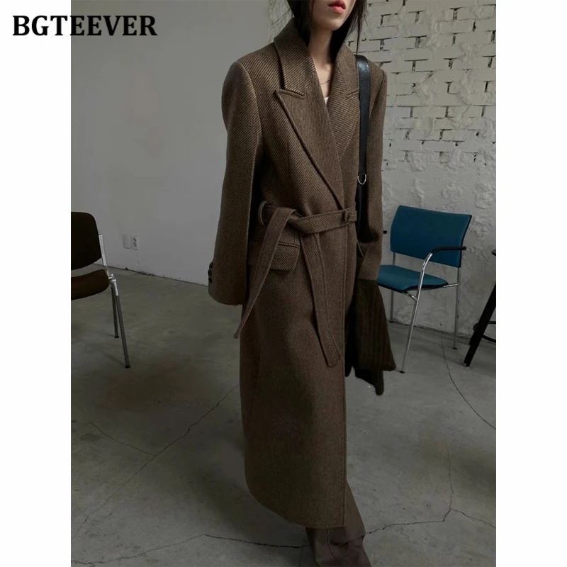 

BGTEEVER Casual Warm Loose Female Long Woolen Jacket Winter Fashion Long Sleeve Lace-up Women Thicken Blend Coats Ladies Outwear