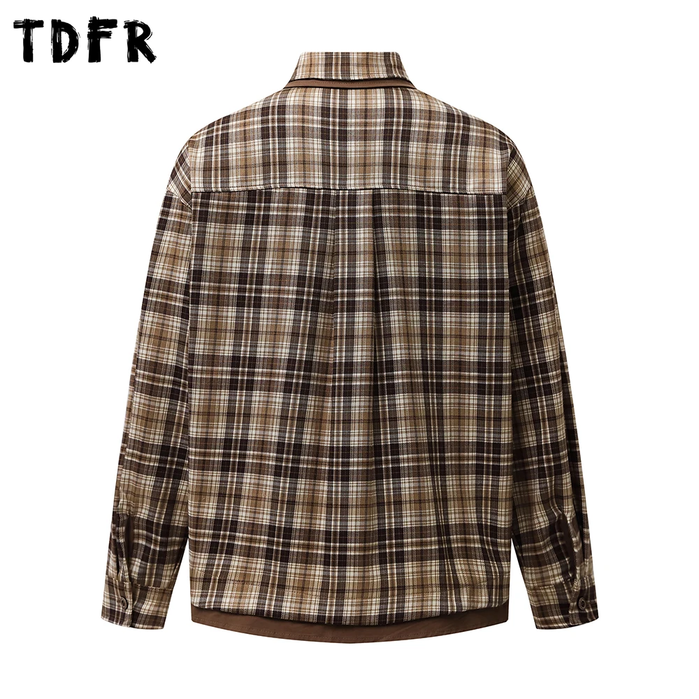 Retro Plaid Long Sleeve Shirts Mens Autumn Pocket Embroidery Streetwear Loose Lapel Single Breasted Spliced Checked Shirt Men