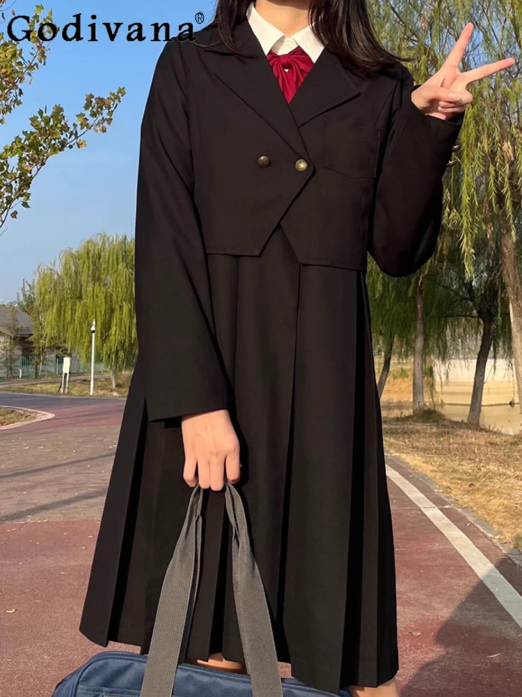 

Sweet Japanese College Jk Uniform Spring Loose Vest Dress Dress Black Fashion Versatile Age-reducing Long-sleeved Suit Sets