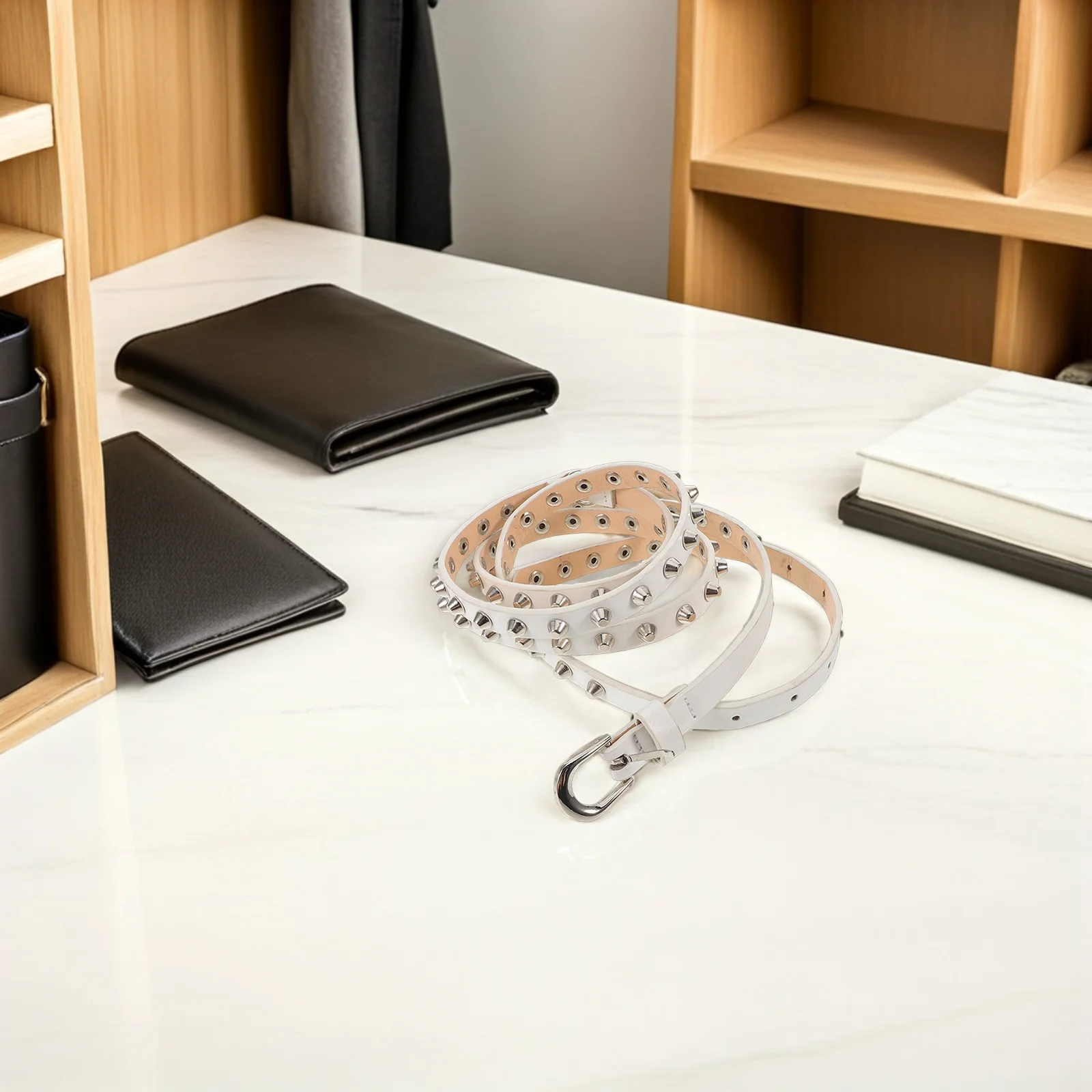 

Women Punk PU Belt White - Adjustable Studded Thin Waist Band for Dresses Jeans Festival Concert Style Double Rivet