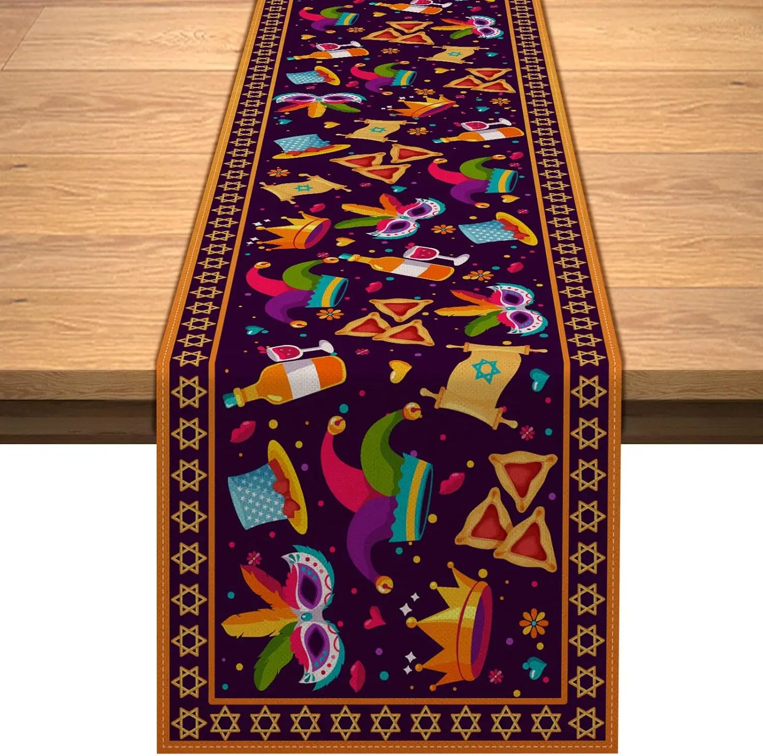 Purim Linen Table Runner Jewish Holiday Party Decor Hamantaschen Hat Masque Gragger Table Runner Carnival Decorations