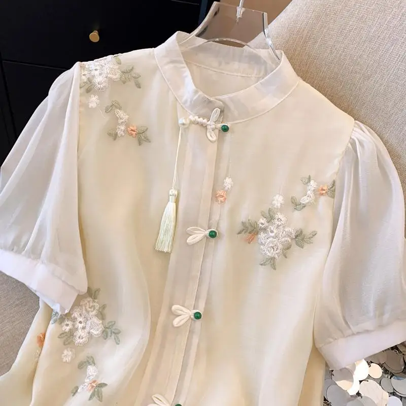 Embroidered Flower Shirt For Women\'s 2024 New Summer Button Short Sleeve Fashion Loose Top