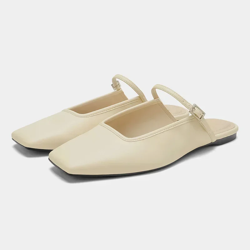 

2024 Women's New Square Headed French Baotou Half Slippers European And American One Line Belt Back Air Flat Bottom Muller Shoes