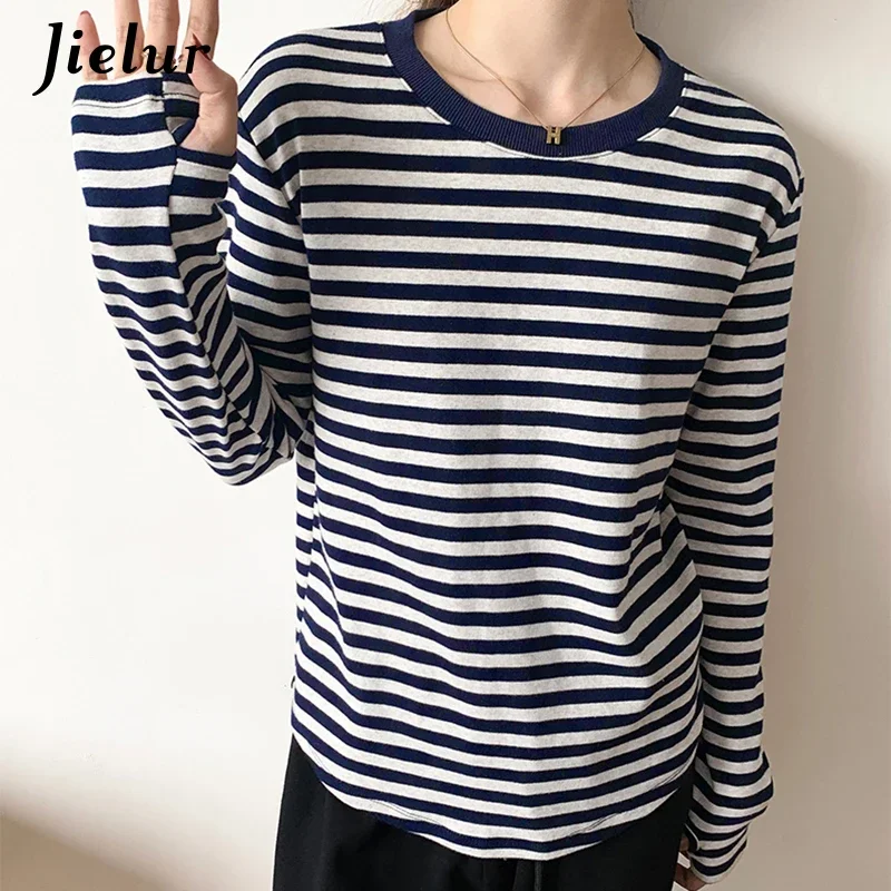 Jielur Green Blue Black Striped Long Sleeve T shirt Women Cotton Top Female Basic Bottoming Shirt Autumn T-shirts Gloves S-XL