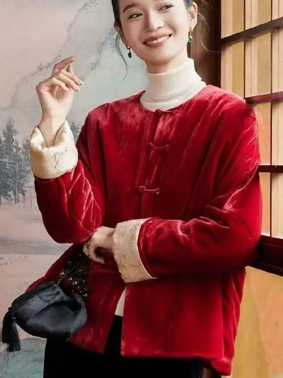 

Silk Velvet Cotton Jaet Women's Upper Body New Chinese Sle Artistic Retro Tang Costume Warmth Inter Outerwear Women