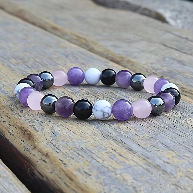 Stress Relief Bracelet: Amethyst, Black Tourmaline, Clear Quartz, Hematite, Lepidolite, Rose Quartz and White 8mm Round Crystal - view 3