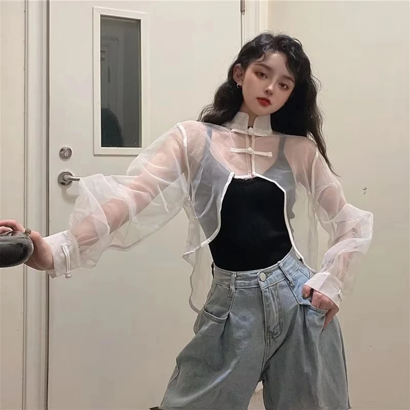 Sun Proof Shirts Women Crop Stand Collar Tradition Chinese Style Leisure Temper Elegant Streetwear Ladies Sexy Summer Camisas