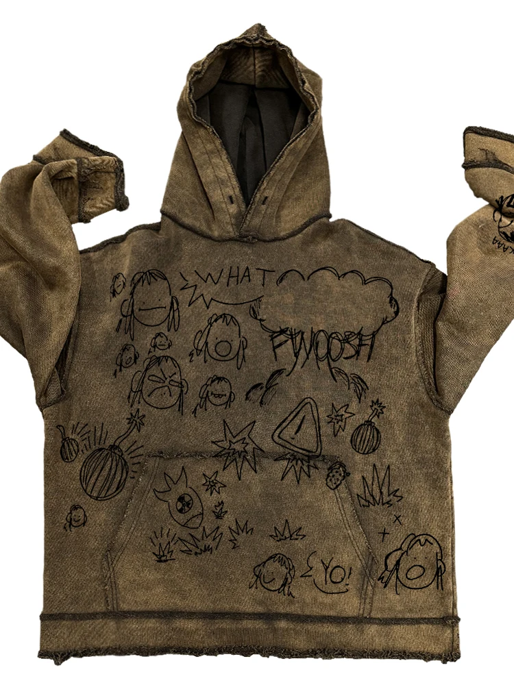 

Large Size 300 Pou Spring Autumn American Retro High Street Waed Destroyed Hem Printed Sweatirt Jaet for Men And Women