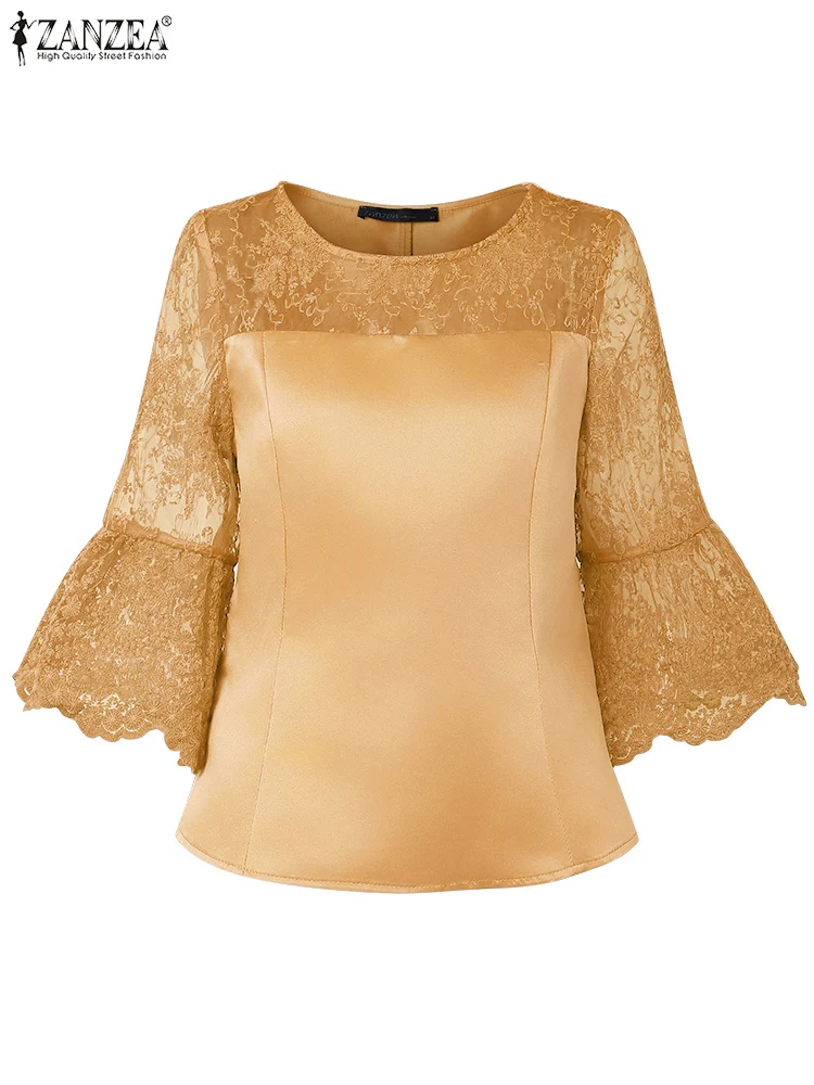 

Stylish Autumn Office Shirt 2025 ZANZEA Women Elegant Lace Patchwork Blouse Long Flare Sleeve Tops Solid Hollow Out Party Blusas