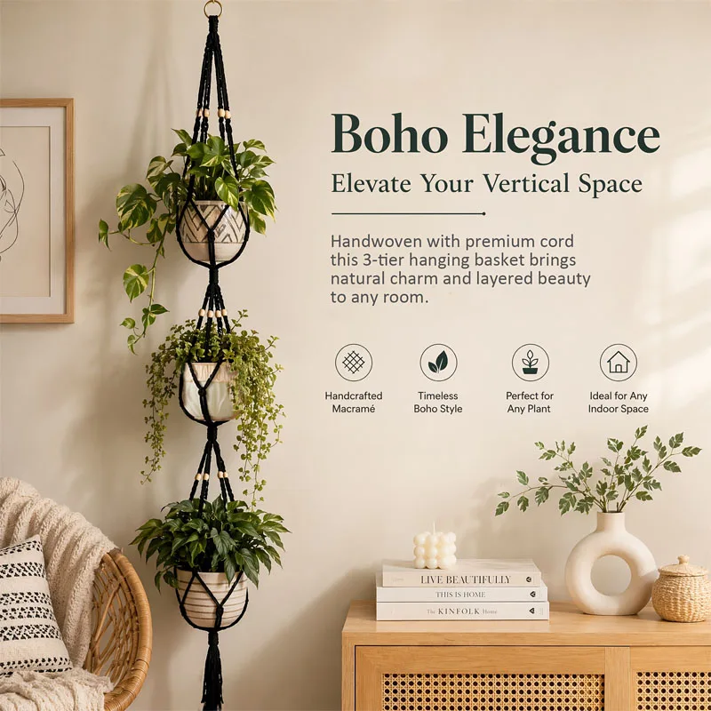 Bohemian Hand-Woven 3-Tier Hanging Plant Basket - Multi-Pot Wall/Fence Planter with Irregular Shape for Balcony Outdoor Use