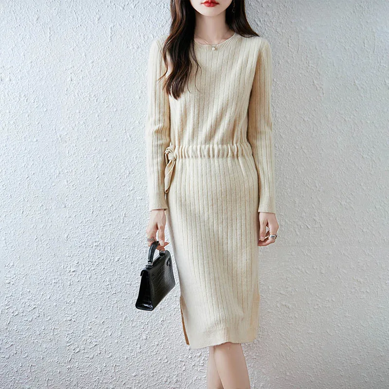 Smart Minimalist Adjustable 2025 Women's Mid-Long Dress with Belt 100% Merino Wool Figure-Flattering Knit Dress Long Sleeve