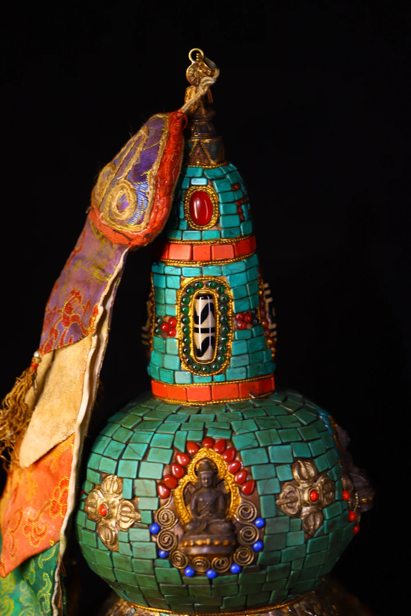 

20"Old Xizang Folk Collection Old Natural Meteorite Tibetan Silver Mosaic Gem gZi Beads Turquoise Prayer Wheel Buddha Pagoda