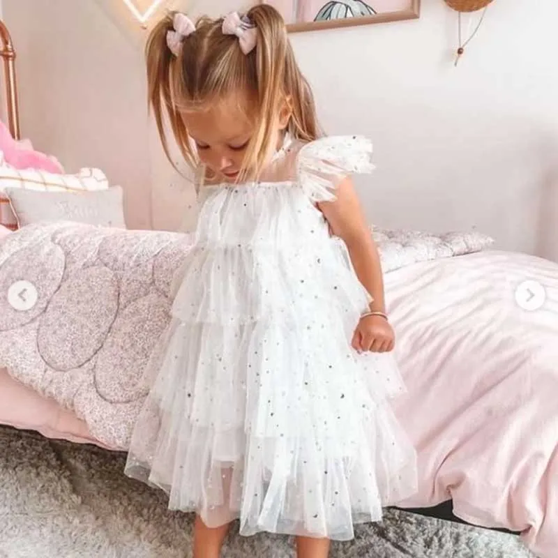 Girls Layered Dress Birthday Dress Summer Fly Sleeve Sequined Princess Mesh Tutu Dresses Kid Party Costume Girl Clothes 4 5 6