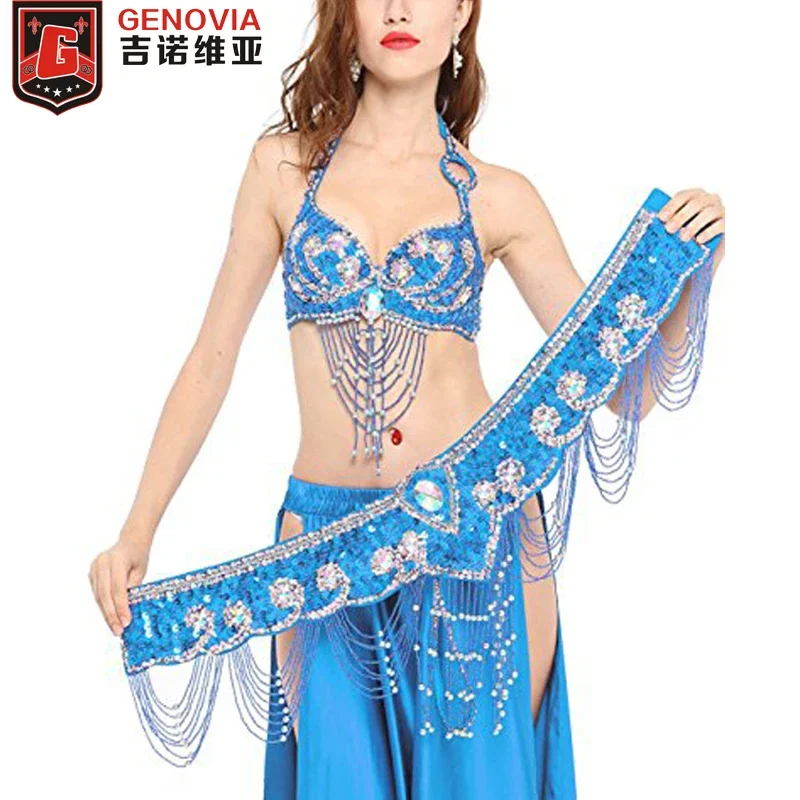 Women Belly Dance Costume Outfit Set Bra Top & Belt Bellydance Hip Scarf Bollywood S M L XL B C Cup Handmade 13 Colours