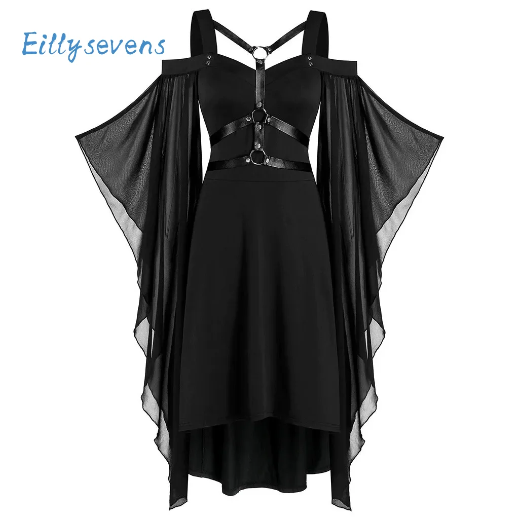 Women Gothic Punk Dress Plus Size Cosplay Costumes Cool Solid Lace Insert Butterfly Sleeve Dress Mesh Stitching Suspender Dress