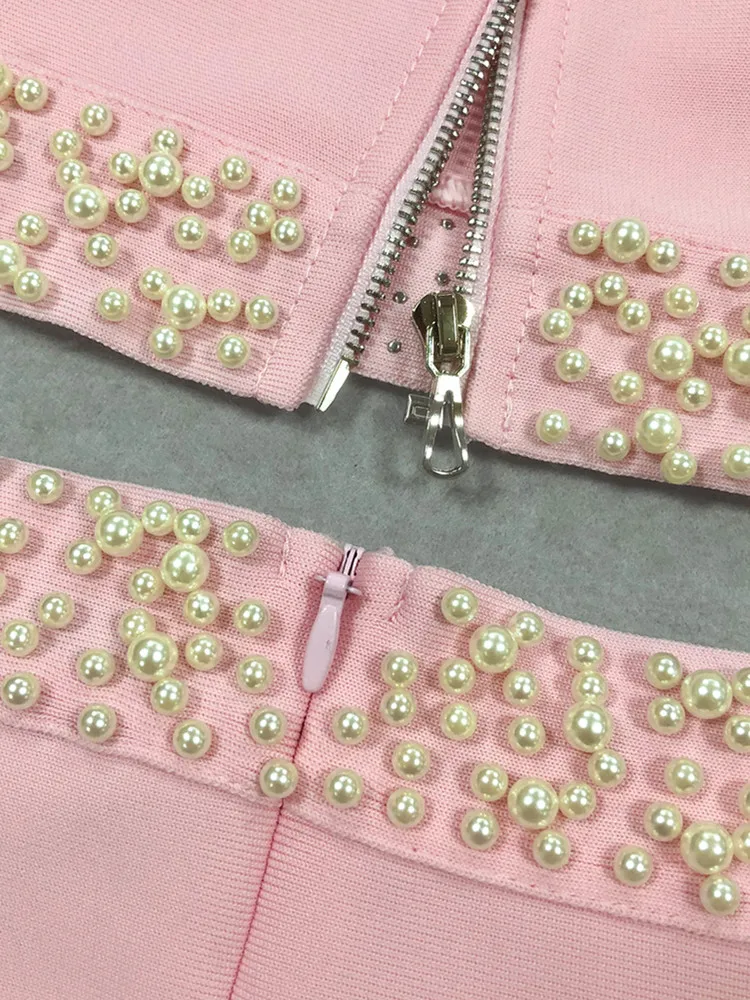 Feminino sexy o pescoço beading pérola rosa maxi longo duas peças saia bandagem conjunto 2025 celebridade designer moda feminina conjunto