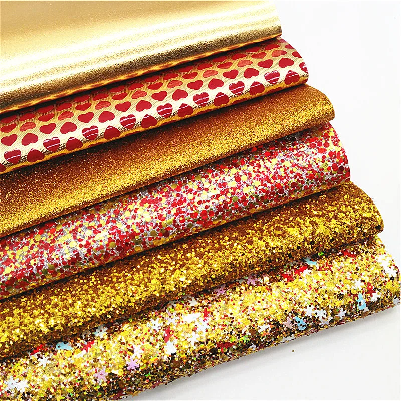 Gold Faux Leather Set Snowflakes Chunky Glitter Leather Sheets Hearts Embossed Faux Leather Metallic Faux Leather For Bows W281