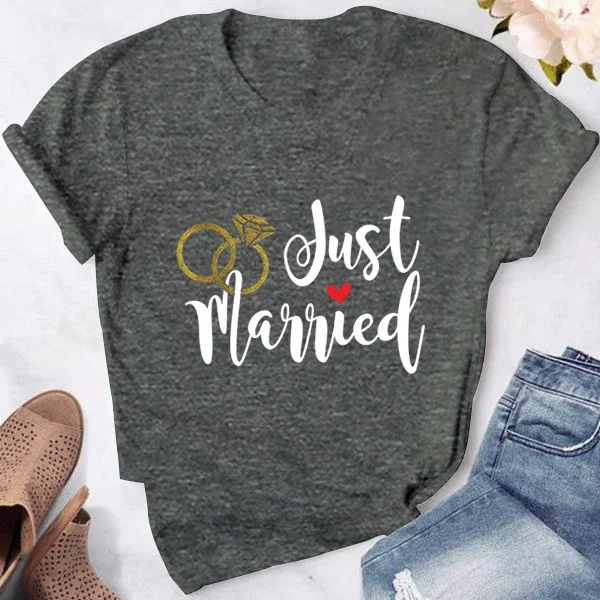 Just Married Honeymoon T-shirt Newlywed Wedding Shirt Wife and Hubs Clothing Just Married Couples T-shirts Tops Tee Short Sleeve