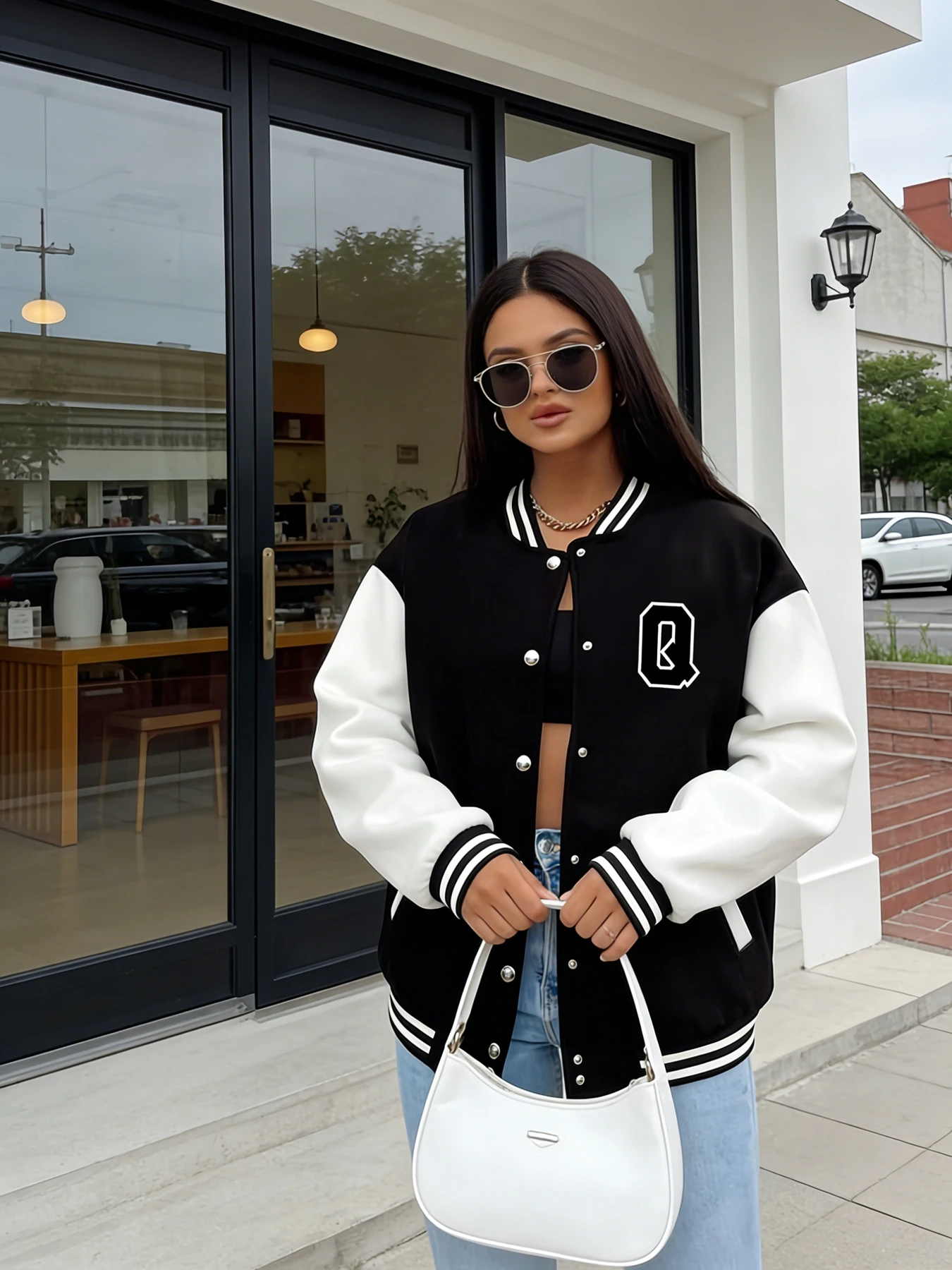 Women Oversized Varsity Jacket Letter Q Print Long Sleeve Button Front Bomber Jacket Casual Streetwear Outerwear Spring Autumn