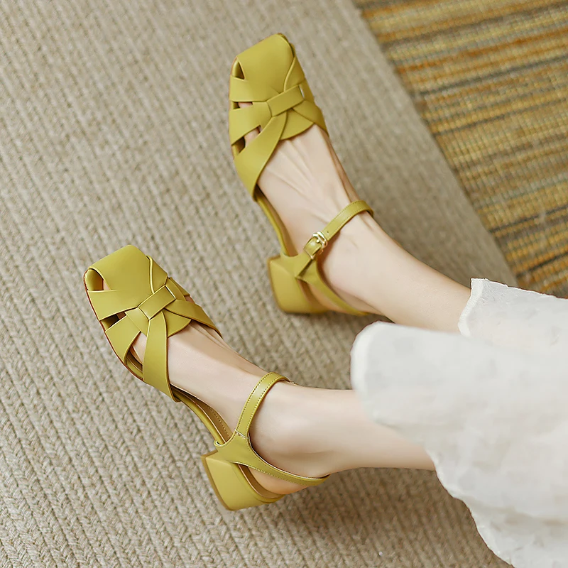 

Womens' Pumps Leather Lady Sandals Female Retro Sandals Buckle Strap Vintage Heel Shoes Summer Gladiator Sandal Roman Style