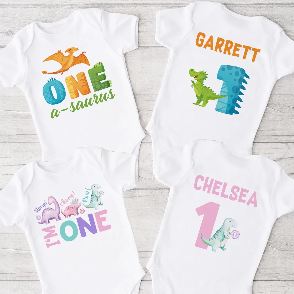 

Personalized Baby One Birthday Bodysuit Dinosaur with Name Newborn Romper Toddler Short Sleeve Clothes Outfit Infant Shower Gift