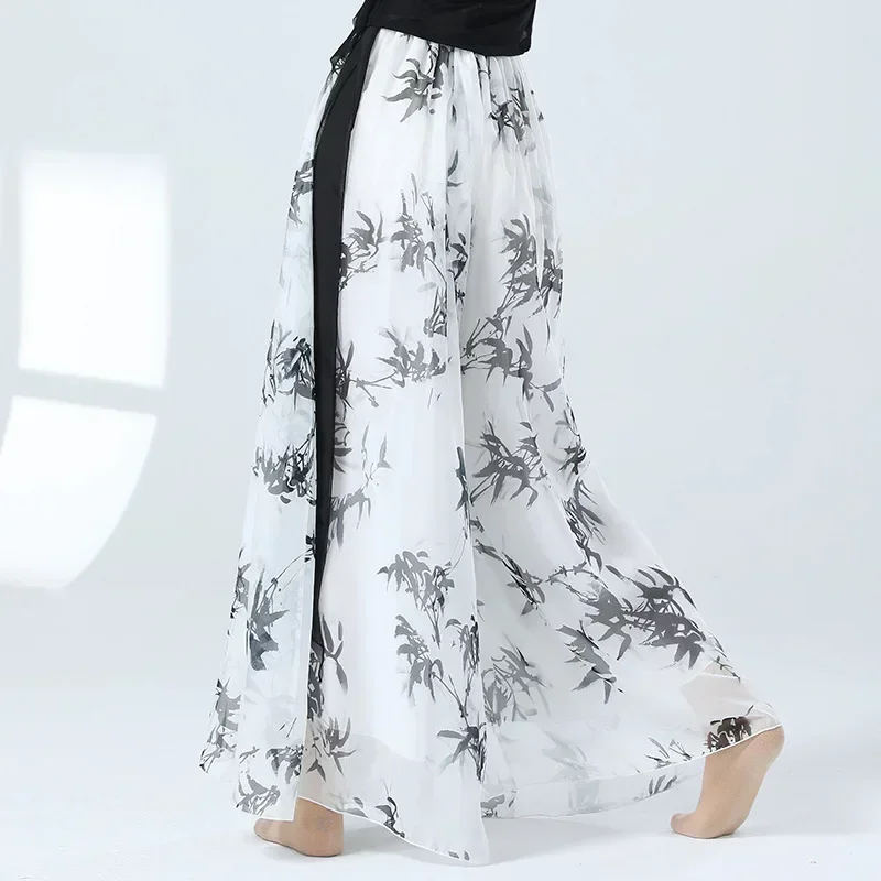 الصينية الكلاسيكية الرقص السراويل النسائية أداء فضفاض Dancewear أوراق الخيزران الحبر الطباعة الملابس ممارسة واسعة الساق كولوتيس