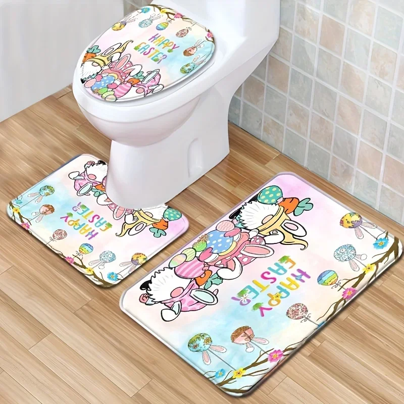 4pcs Easter Egg Pattern Shower Curtain Set, Waterproof Shower Curtain With 12 Hooks, Non-Slip Bath Rug, U-Shape Mat, Toilet Li
