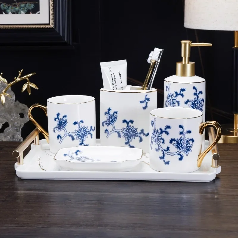 Luxury Mouth Rinse Cup Toothbrush Holder Bathroom Accessories Blue Floral Ceramic Lotion Bottle Pump Soap Dispenser Hotel Cup