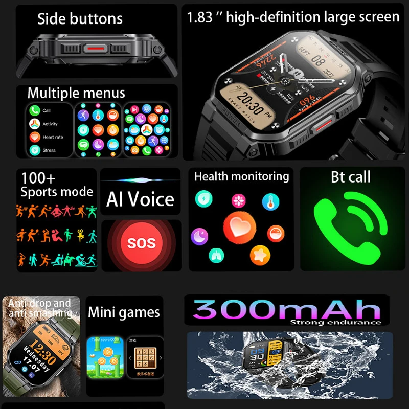 2026 Military Grade Smart Watch 1.83 inch Bluetooth Call Heart Rate Health Monitoring IP68 GPS Trajectory Tracking Smartwatches