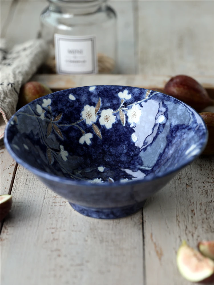 Ceramic Tableware Blue Cherry Blossom Hat Bowl Soup Bowl Japanese Style and Breeze Lamian Noodles Bowl Underglaze Color