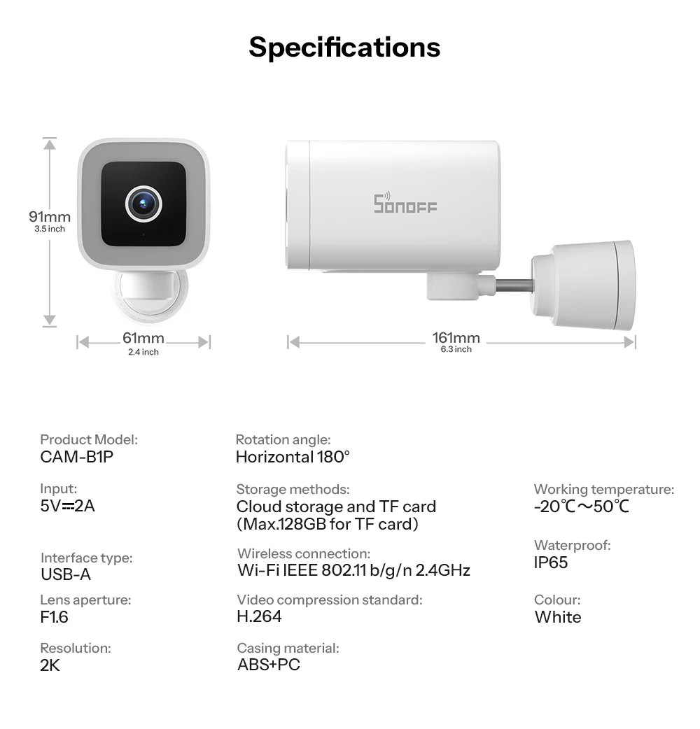 SONOFF CAM-B1P Intelligente Überwachungskamera für den Außenbereich, 2K HD mit KI-Menschenerkennung, IP65, wetterfest, 180 ° Schwenksteuerung Alexa Google Home – Detail 15