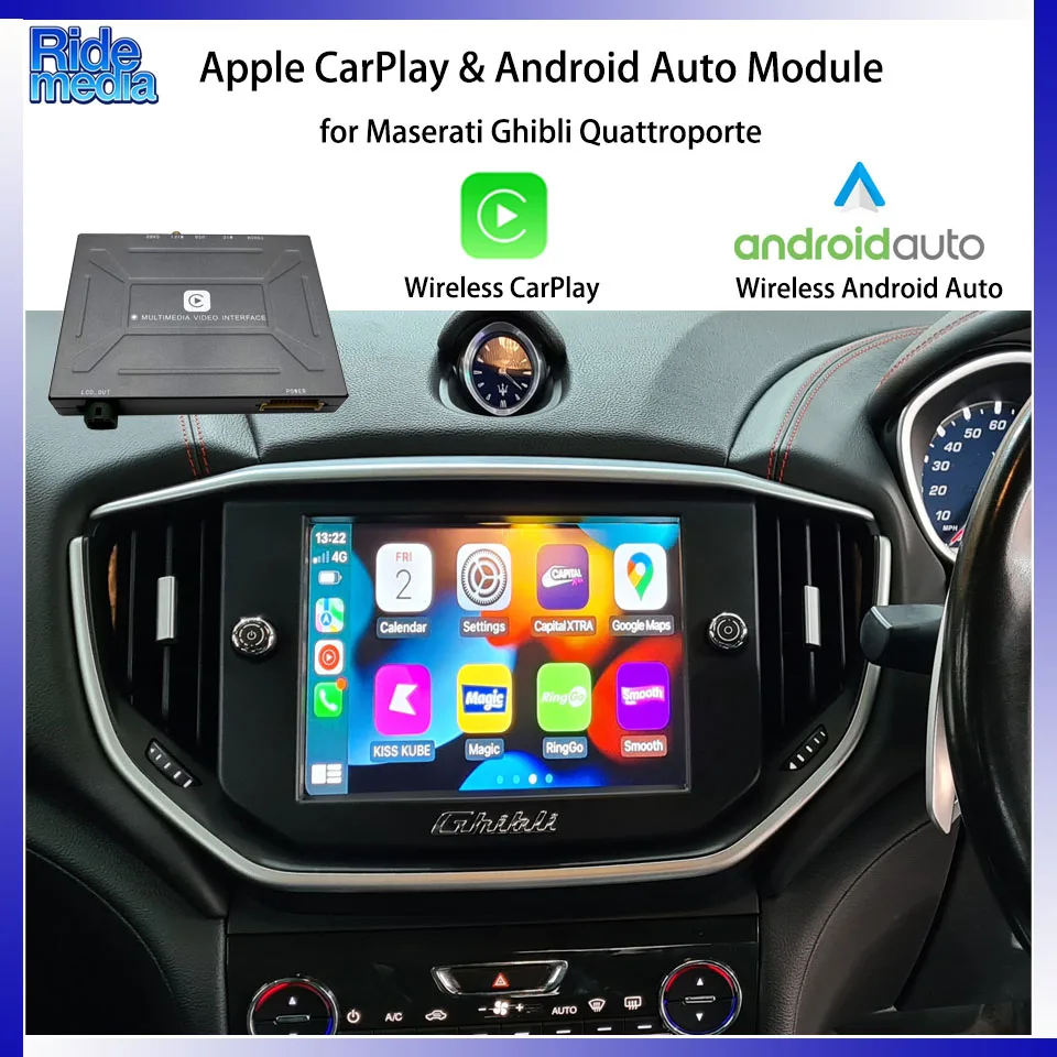 RideMedia 2026 GPS Music Bluetooth CarPlay Android Auto APP Icons Interface for Maserati Ghibli Quattroporte Levante MTC
