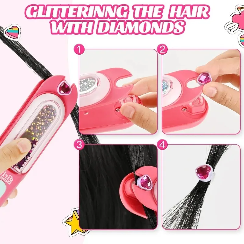 Girls Toys Hair Styling Tool with Reusable Shining Diamonds Pretend Play Toy Gift Hair Gem Stamper Kit Blingling Hair Jewels